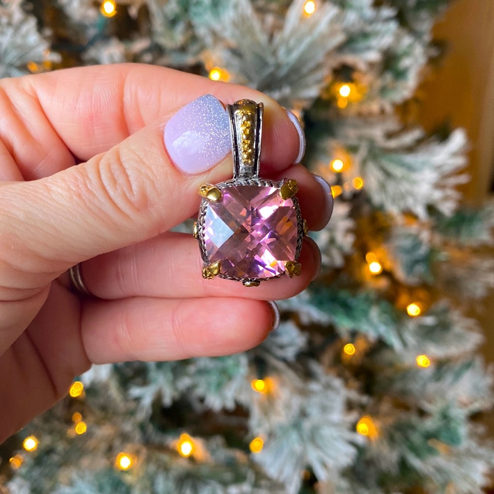 Silver and Gold Detailed Necklace Pendant Pink Ice Stone